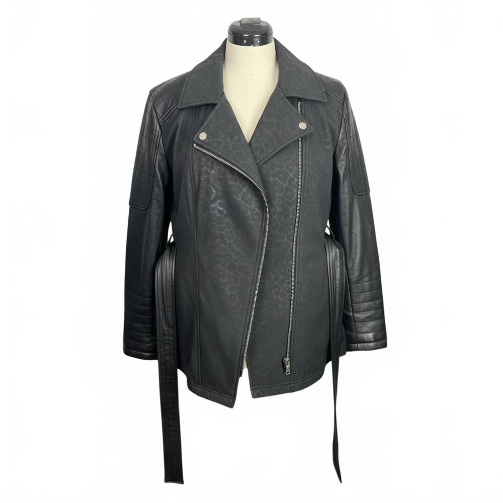 Black Rivet XXL Moto Belted Faux Leather Jacket Quilted Sleeves,‎ Leopard Detail